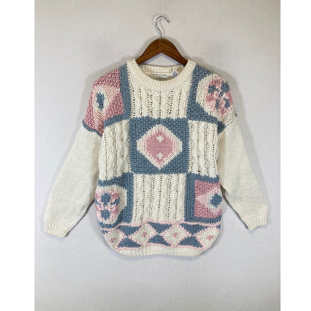 Cottagecore OSC Women LG Pastel Pink‎ Blue Patchwork Hand Knitted Cable Sweater